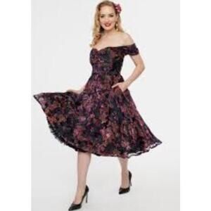 Unique Vintage Floral Burn Out Off the Shoulder Swing Dress 50s Sz M #33